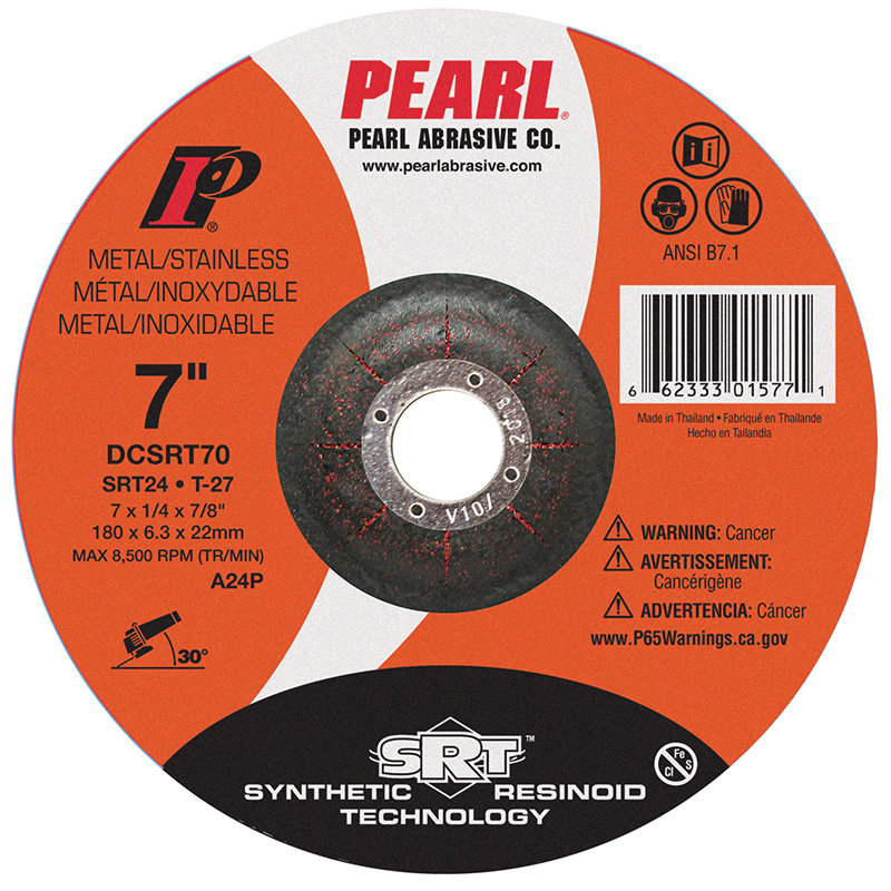 Pearl® DCSRT70H Depressed Center Grinding Wheel, 7 in Dia x 1/4 in THK, 5/8 in Arbor, SRT24 Grit, Synthetic Resinoid